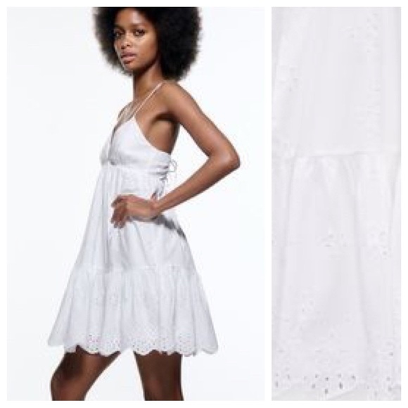🌹NWT. Zara White Openwork embroidered V-neck Mini Dress. Size XL. - Picture 3 of 10